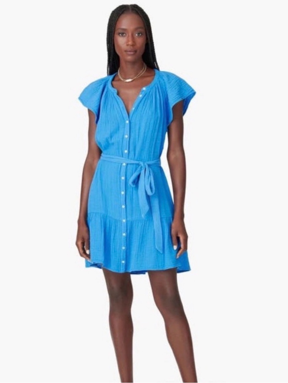 Xirena Jude Dress cotton gauze in Aqua with Tie Waist and flutter sleeves Large